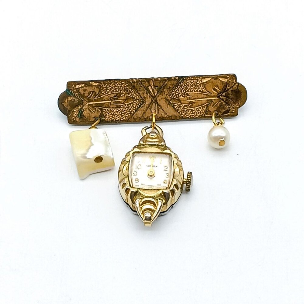 Antique Etched Bar Brooch with Dangling Charms, Gold Tone with Faux Pearl Drop